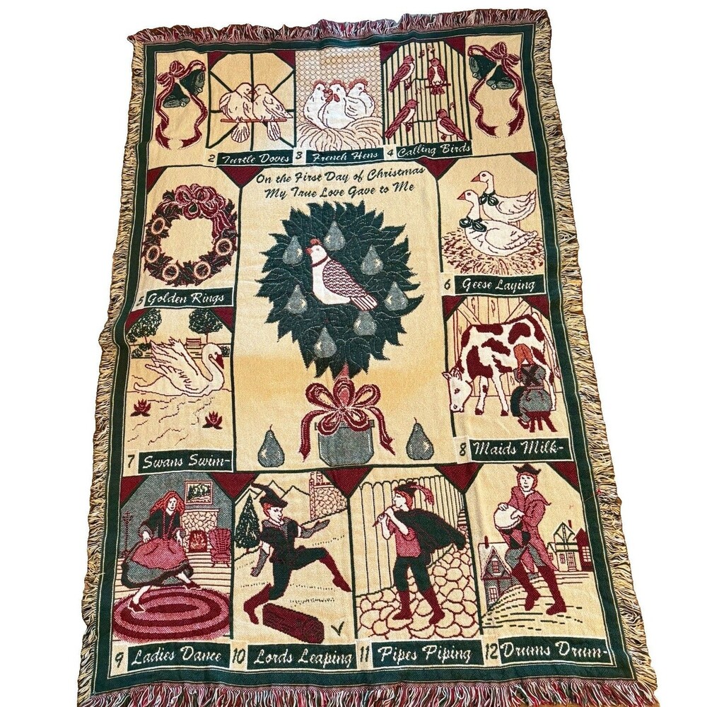 Vintage Twelve Days Of Christmas Throw Blanket Tapestry Size 70 X 46